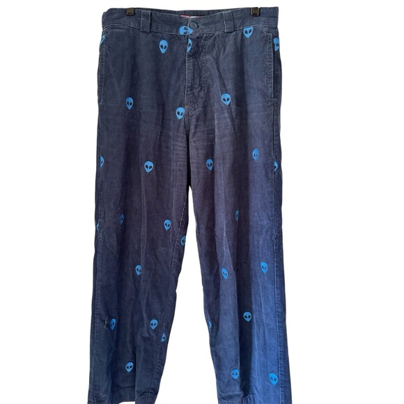 Urban Outfitters Men Embroidered Alien Wideleg Baggy Pants Blue Corduroy Sz 30 - Picture 1 of 8